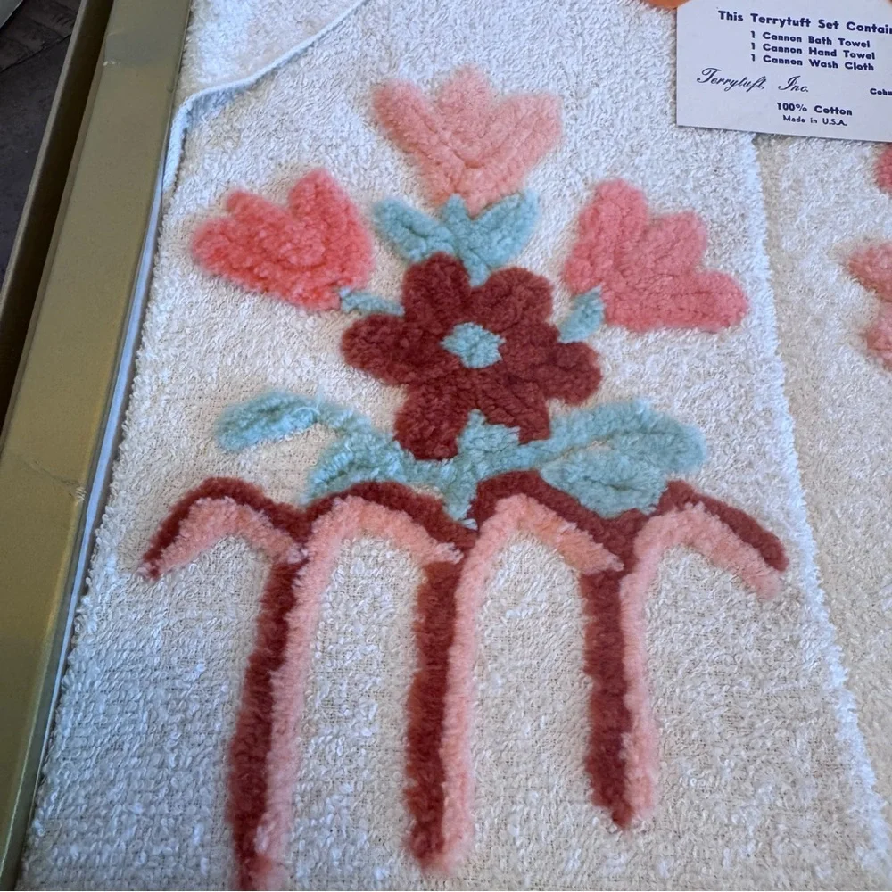 Vintage Terrytuft Cannon Bath Towel‎ Wash Hand Towel Set Floral Chenille New